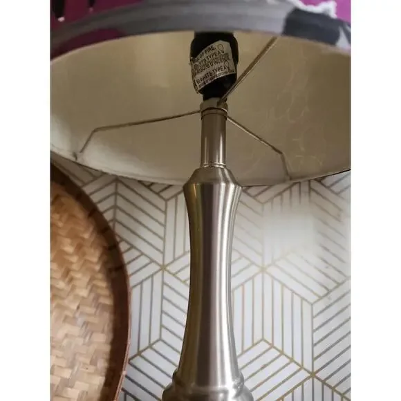 Vintage Early 2000s Brushed Chrome Lamps With Black And Purple Floral Shades - Picture 9 of 11